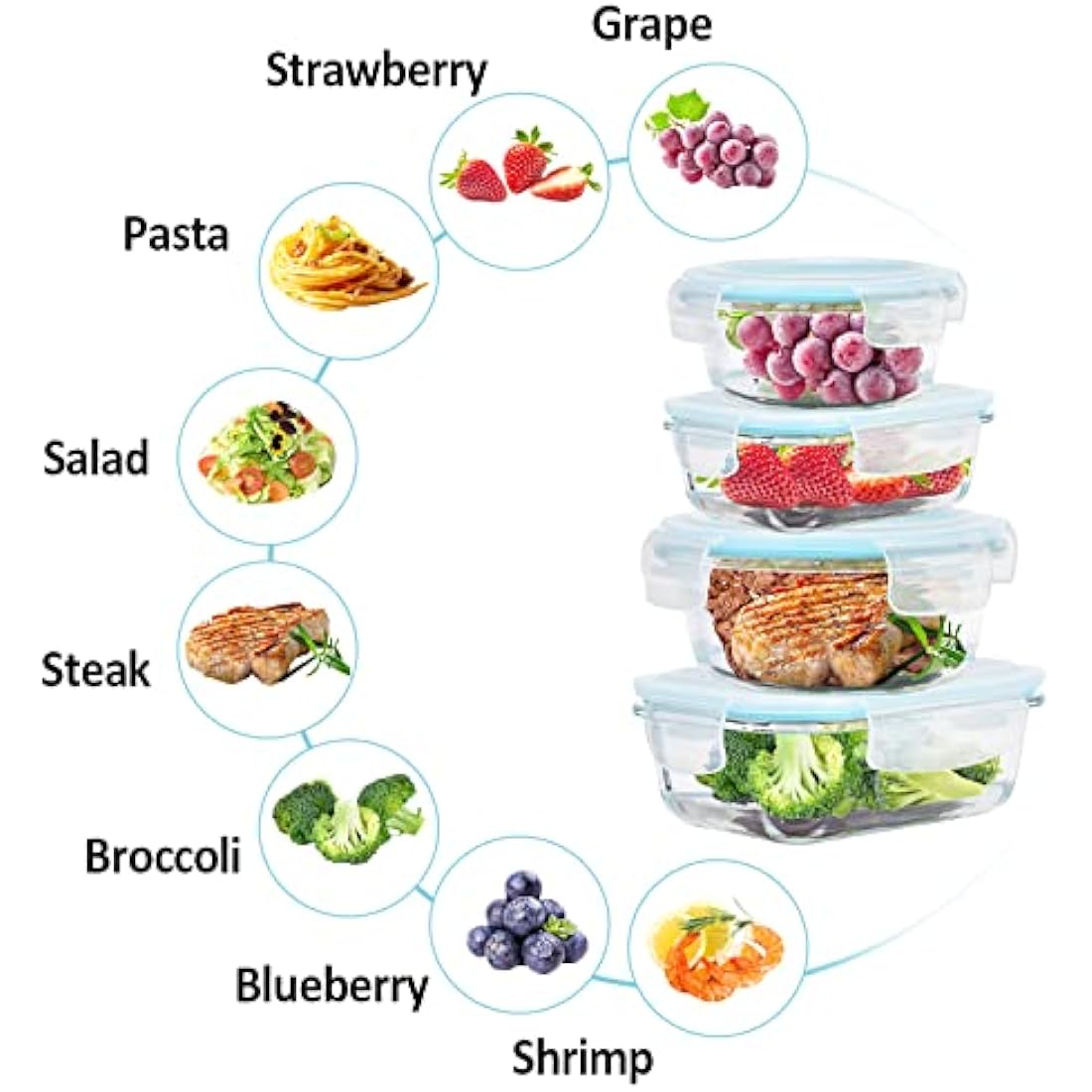ROSOS Glass Food Storage Containers with Airtight Lids, 6 Pack Super Leak Proof Glass Containers with Lids, Not Easy Broken & BPA Free, Glass Food Containers with Lids for Freezer to Oven Safe, Blue