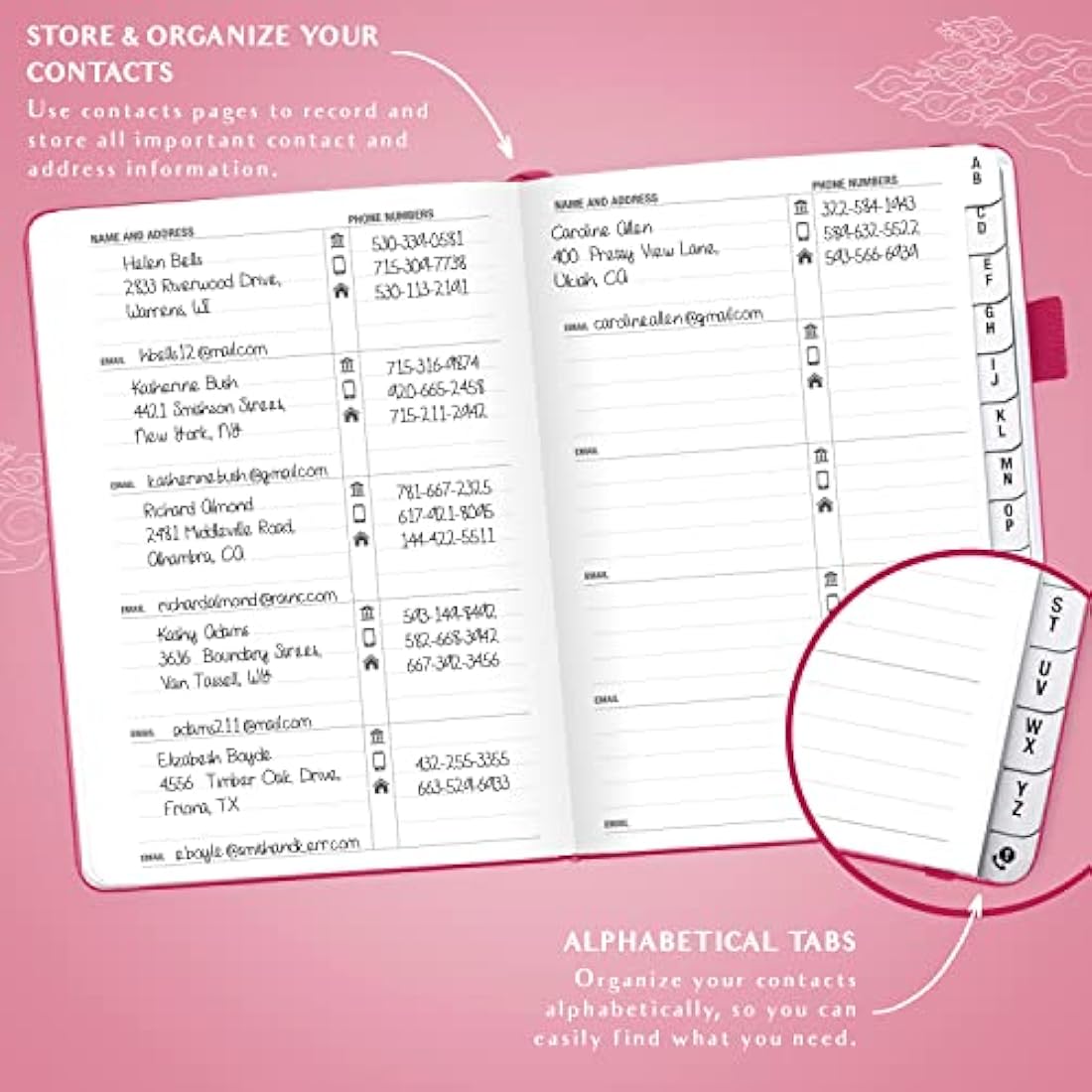 Legend Planner Address Book with Alphabetical Tabs – Mini Telephone Contacts Book for Phone Numbers, Addresses, Passwords, Small (Hot Pink)