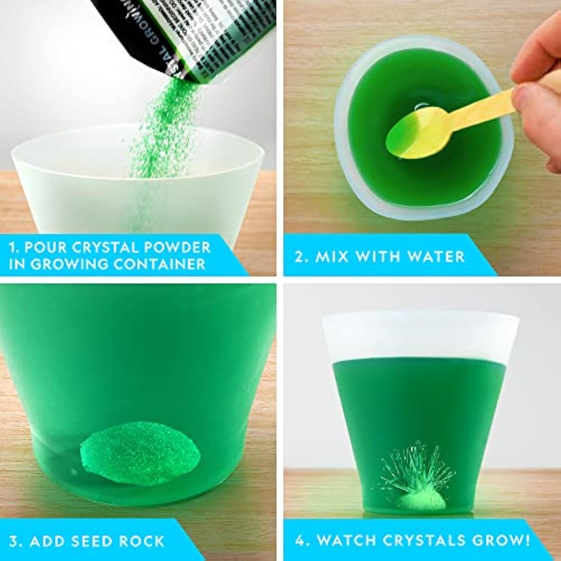 NATIONAL GEOGRAPHIC Crystal Growing Kit - 3 Vibrant Coloured Crystals to Grow with Light-Up Display Stand & Guidebook, Includes 3 Real Gemstone Specimens Including A Geode & Green Fluorite