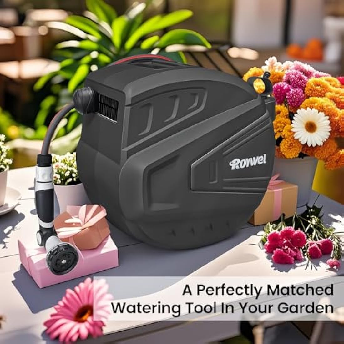 Roywel Auto Reel Garden Hose 40M，Hose Reel Wall Mounted，Auto Rewind, Self-Locking System,180° Pivotal with Multifunction Spray Nozzle