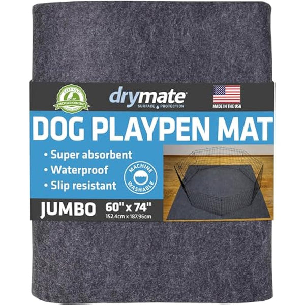 Drymate Dog Playpen Mat, Absorbent, Waterproof, Non-Slip, Machine Washable, XL Size (60” x 74”), Reusable Puppy Pad for Training, Whelping, Housebreaking, Incontinence, and Crate/Kennel (USA Made)