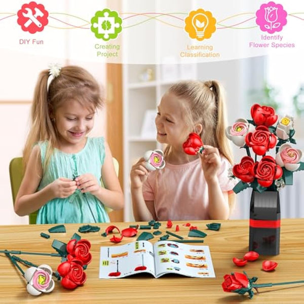 Flowers Bouquet Building Set, 841 PCS - 11 Office Home Forever Rose Decor Plant Building Kits with Vase, Gifts for Kids Birthday Adults Women Valentines Mothers Day