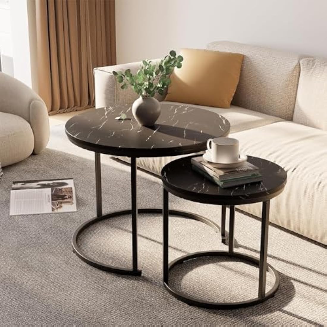 Huhote Round Coffee Tables, Set of 2 End Table, Nesting Tables, Side Table with Metal Frame for Living Room/Bedroom/Balcony/Office/Apartment, Diameter 23.6/15.7 IN (Black Frame, Black Marble Top)