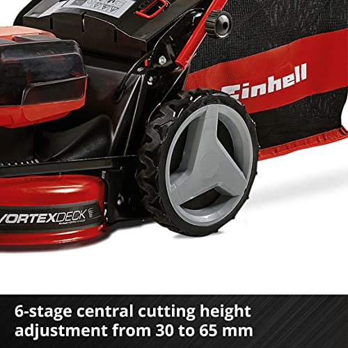 Einhell Power X-Change 36/43 Cordless Lawnmower With Battery (x2) and Charger (x2) - 36V, 43cm Cutting Width, 63L Grass Box, 6 Cutting Heights, Mulching - GE-CM 43 Li M Battery Lawn Mower Red / Black