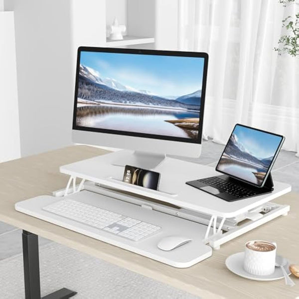 ERGOMAKER Standing Desk Converter, 32"/80cm Wide Height Adjustable Quick Sit to Stand Up Desk Riser for Dual Monitor, White