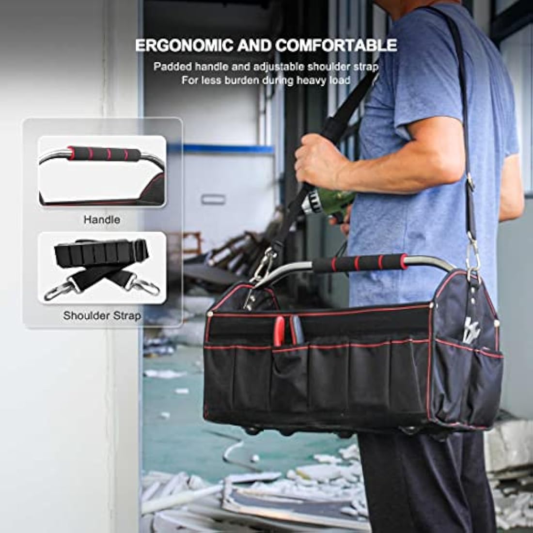 HAUTMEC 18 Inch Foldable Tool Tote Bag, Open Top Tool Bag with 27 Pockets and Removable Partition, Portable Tool Organizer with Adjustable Shoulder Strap & Water-Resistant Molded Base – HT0020