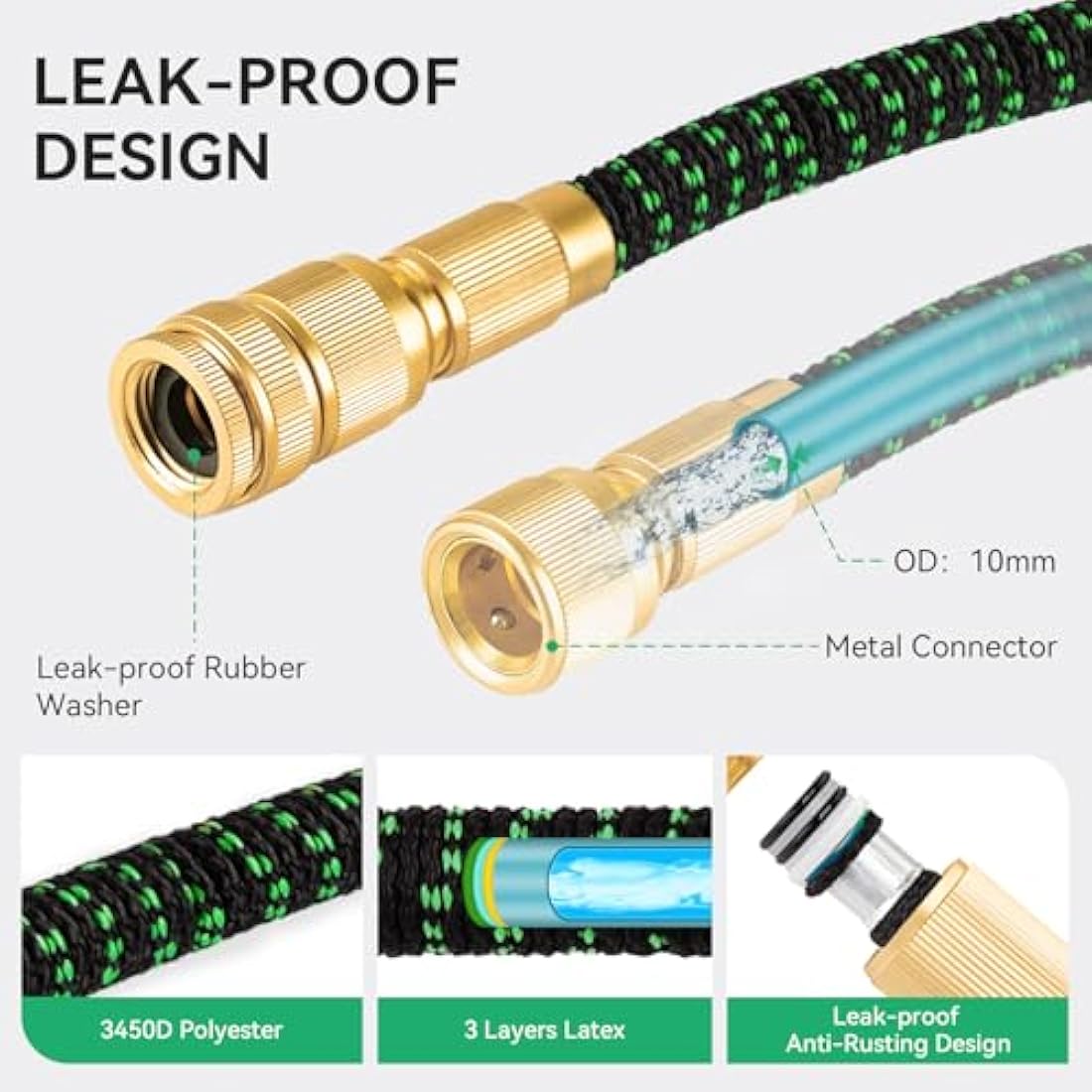 Expandable Garden Hose Pipe, Upgraded 3-Layer Latex No-Kink Flexible Water Hose, 3/4"&1/2" Metal Connectors, 10 Function Spray Nozzle 50FT