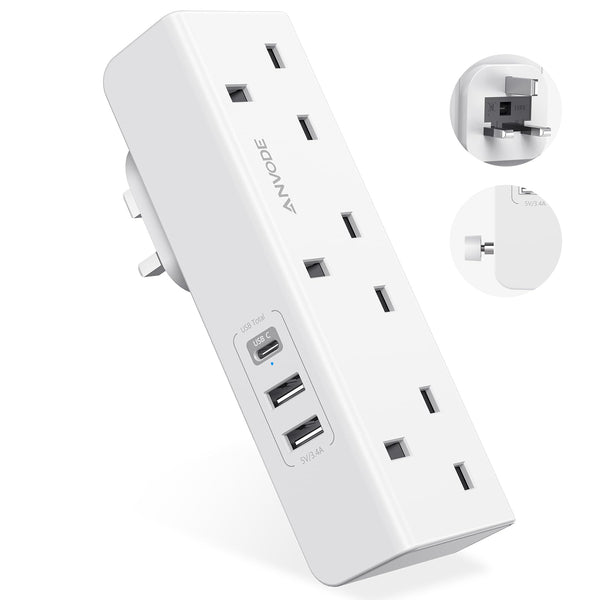Multi Plug Extension with USB C Slot, 3 Way Plug Wall Charger Socket, Multi Outlets Extender Adapter UK for School, Home, Kitchen, Office (White)