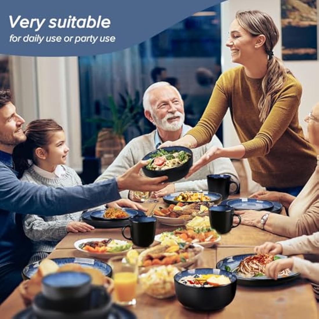 Greentainer Handmade Stoneware Dinnerware Set, Ocean Blue Dinner Set, 16-Piece Dinner Service Set with Dinner Plate, Dessert Plate, Bowl and Mug, Dishwasher & Microwave Safe, Service for 4