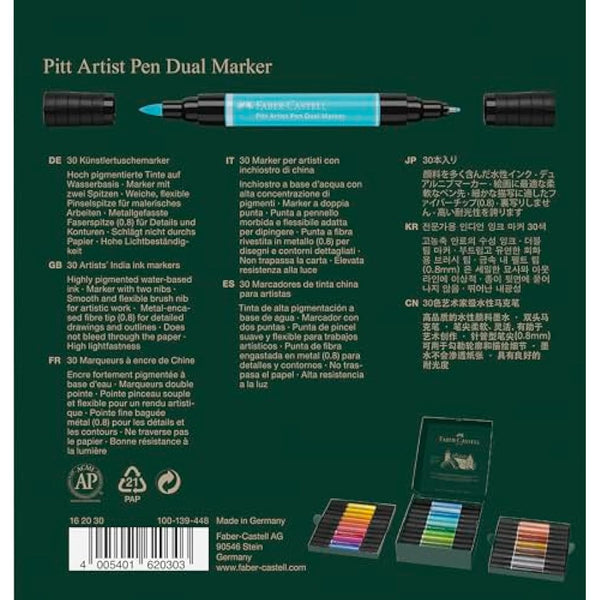 Faber-Castell Art & Graphic Pitt Artist Pen Dual Marker India Ink, Multicoloured, Wallet Of 30, For Art, Craft, Drawing, Sketching, Home, School, University, Colouring