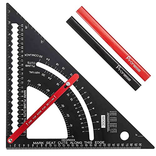 Pronese Adjustable Roofing Square 12-Inch, Aluminum Alloy Rafter Square, Metric & Imperial Carpenter Square Set, Precision Speed Square Carpenter Pencils Woodworking Tool Set