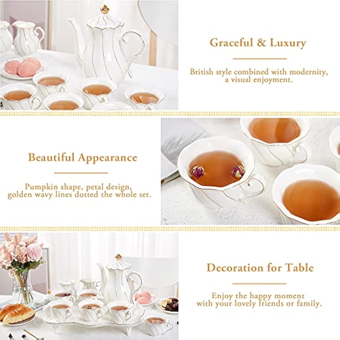 DUJUST 14 pcs Tea Set of 6 with Tea Tray & Spoons, Luxury British Style Tea/Coffee Cup Set with Golden Trim, Porcelain Tea Set for Living Room Decor, Tea Party Set, Gift Package - White