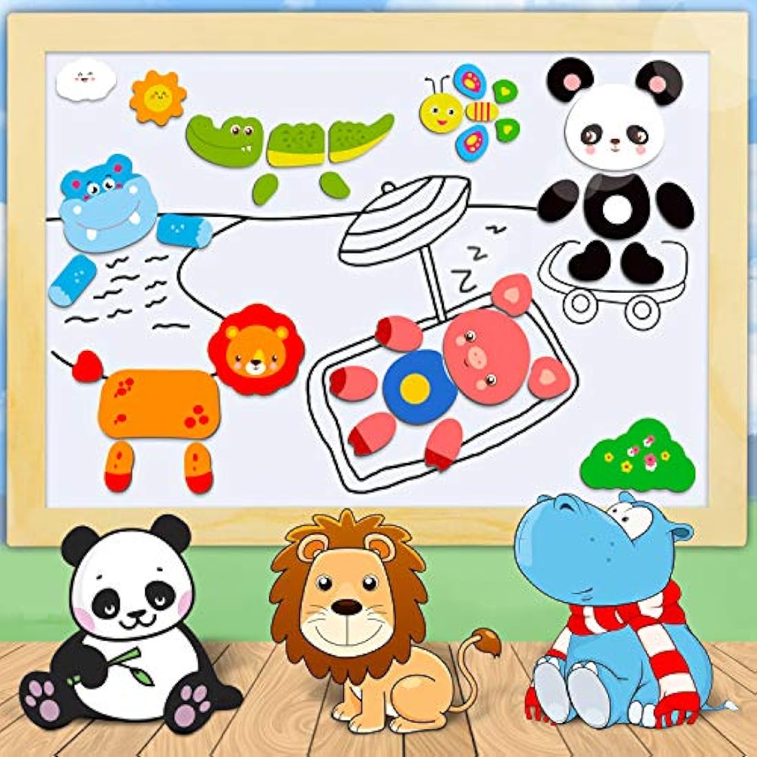 COOLJOY 100+ PCS Wooden Magnetic Puzzle, Magnetic Puzzle Board, Cute Pets Pattern Games Double Sided Jigsaw, Educational Drawing Easel Blackboard Wood Toys For Kids Up 3 Years Old Imagination