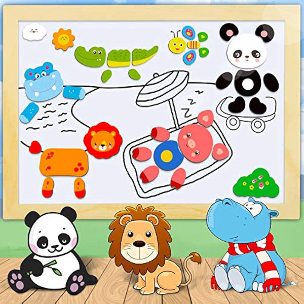 COOLJOY 100+ PCS Wooden Magnetic Puzzle, Magnetic Puzzle Board, Cute Pets Pattern Games Double Sided Jigsaw, Educational Drawing Easel Blackboard Wood Toys For Kids Up 3 Years Old Imagination