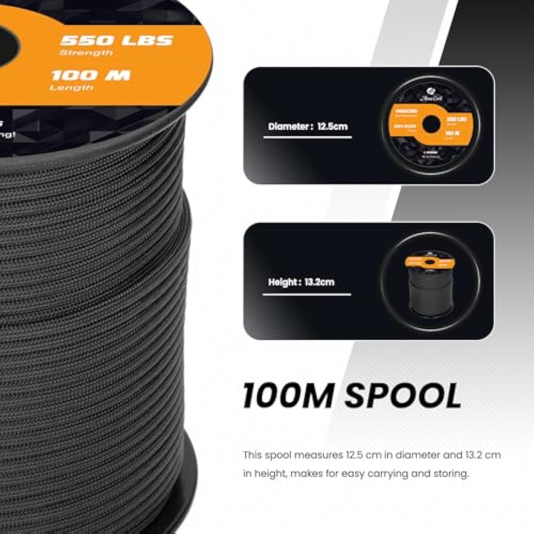 Abma Cord Paracord 550 4mm 100m 100% Nylon Rope Type III 7 Strands Parachute Cord for DIY, Camping, Survival, Outdoor - Max. 250kg - Black