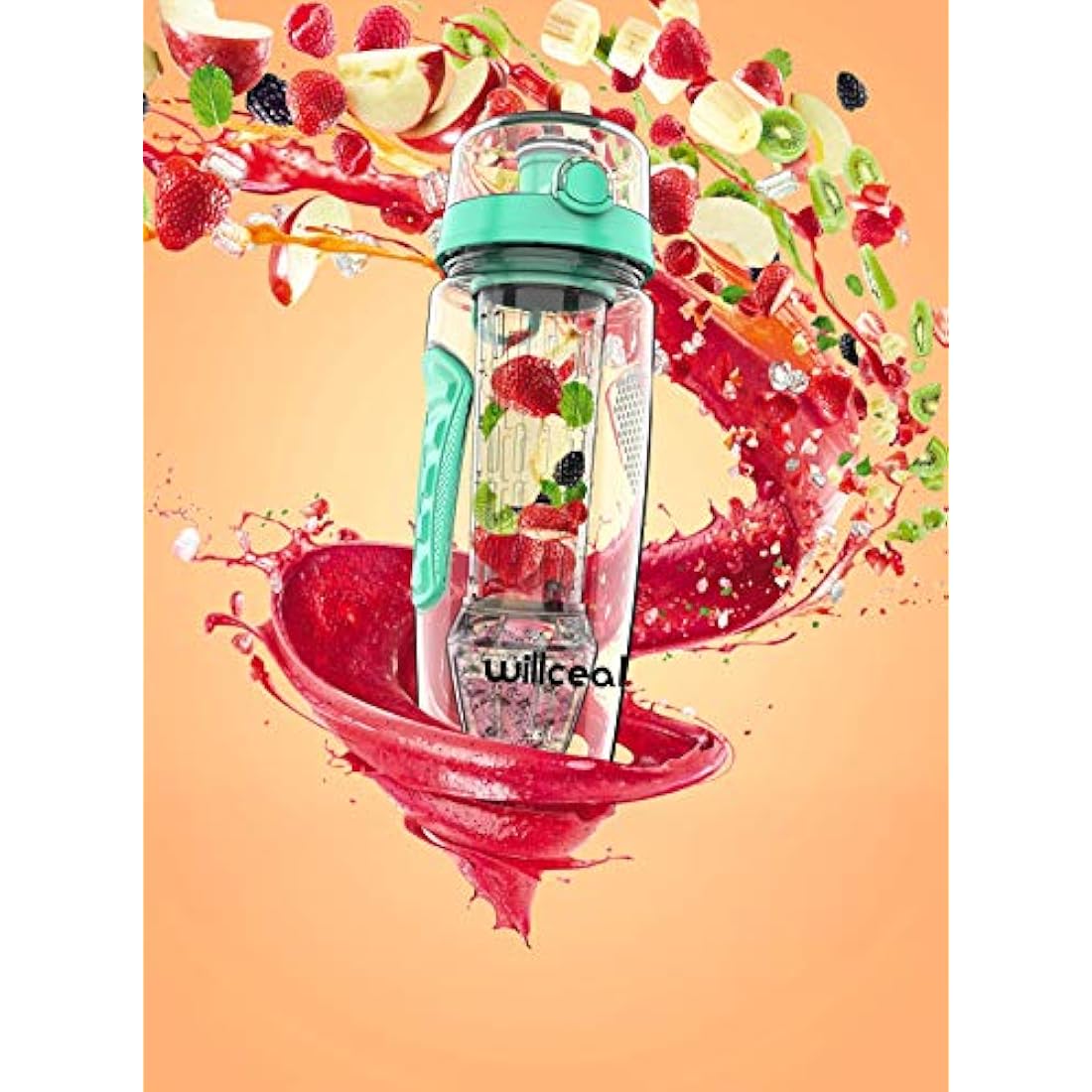 Fruit Infuser Water Bottle 32oz Durable with Detachable Ice Gel Ball,Large - BPA Free Tritan, Flip Lid, Leak Proof Design - Sports, Camping (Mint)
