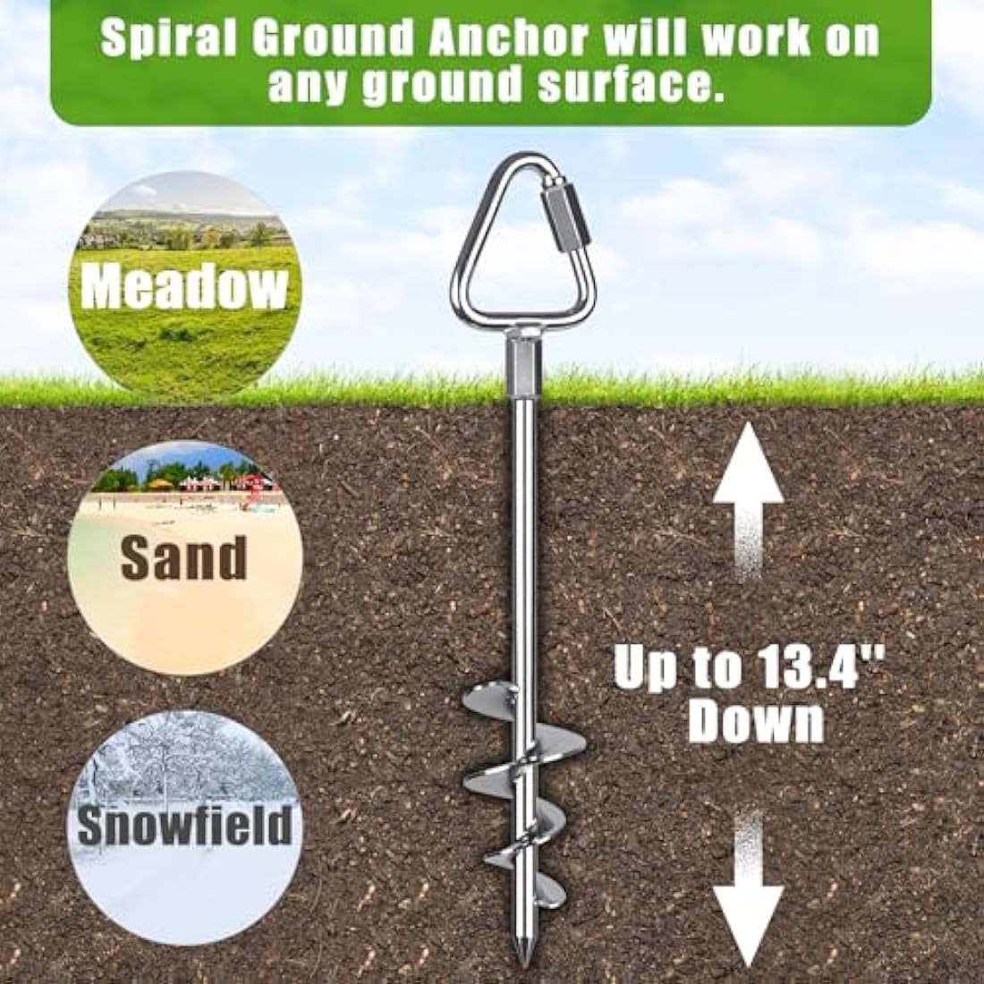 Insaga Ground Anchor, 4pcs Heavy Duty Tent Peg Trampoline Earth Stake Strong Storm Spiral Screw Spike for Garden Swing/Camping/Canopy/Shed/Dog/Carport with Carabiner Lockset, Orthogonal Triangle/44cm