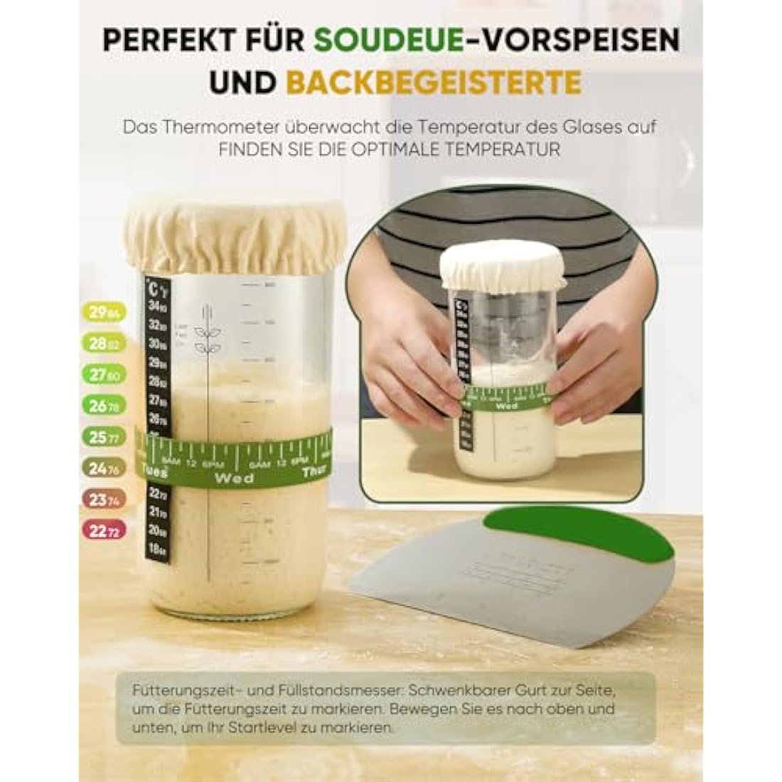 Sourdough Bread Baking Supplies 34 OZ Sourdough Starter kit with 2 Bread Proofing Basket (Green) (Green)