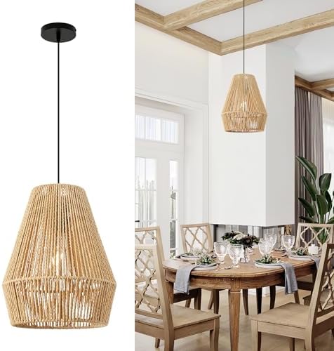 FORCOSO Rattan Pendant Ceiling Light, Boho Lamp Hanging Light Shade Rattan Lampshade, Vintage E27 Light Fitting, Rustic Ceiling Lamp Fixtures for Living Room Bedroom Dining Table Hallway Kitchen