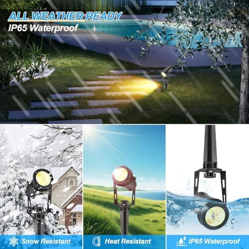 IRISECO 4-1 Garden Spot Lights, 15M Outdoor Spotlight with Adapter, 12V Low Volt LED Garden Lighting, IP65 Waterproof, Outdoor Spot Lights Mains Powered for Yard (3000K)