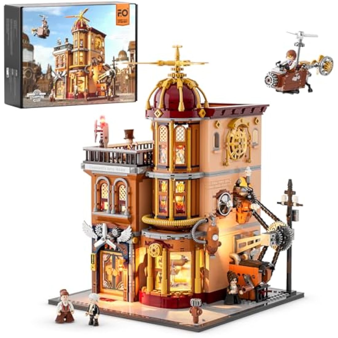 FUNWHOLE Steampunk Flying Club Lighted Building Set – 1858 Pieces Modular Construction Kit Collector’s Set for Adults and Teens