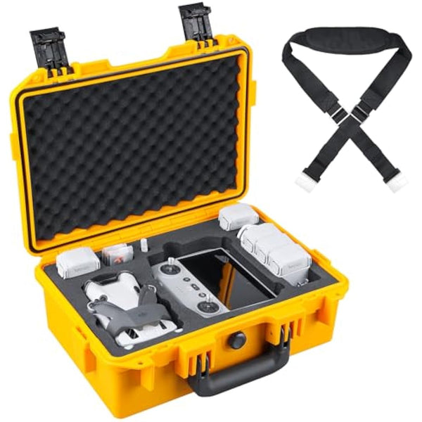 Lykus Titan MM410 Waterproof Hard Case for DJI Mini 4 Pro/Mini 3/Pro and RC2/RC/RC-N2/N1, Yellow with Shoulder Strap, Support 7 Batteries and RC Lanyard [CASE ONLY]
