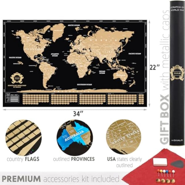 2 in 1 Large Gift Set - Scratch off World Map and Poster Scratch off Top 100 Places to Visit in the World - Best Places I`ve Been Map - Globetrotter Poster of Places Where You've Been - Bundle of Two