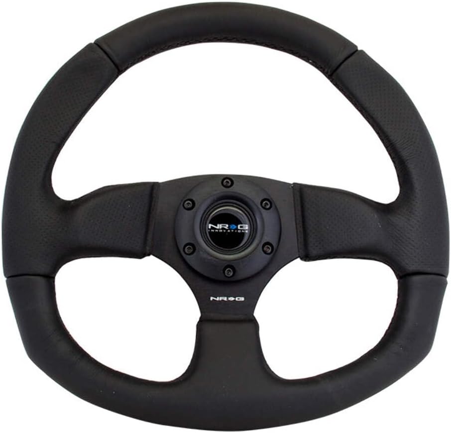 NRG Innovations NRG-RST-009R Reinforced Steering Wheel Leather Steering Wheel With/Black Stitch/Black Leather/Spoke D-Shape Flat Bottom 320 MM / 330 MM