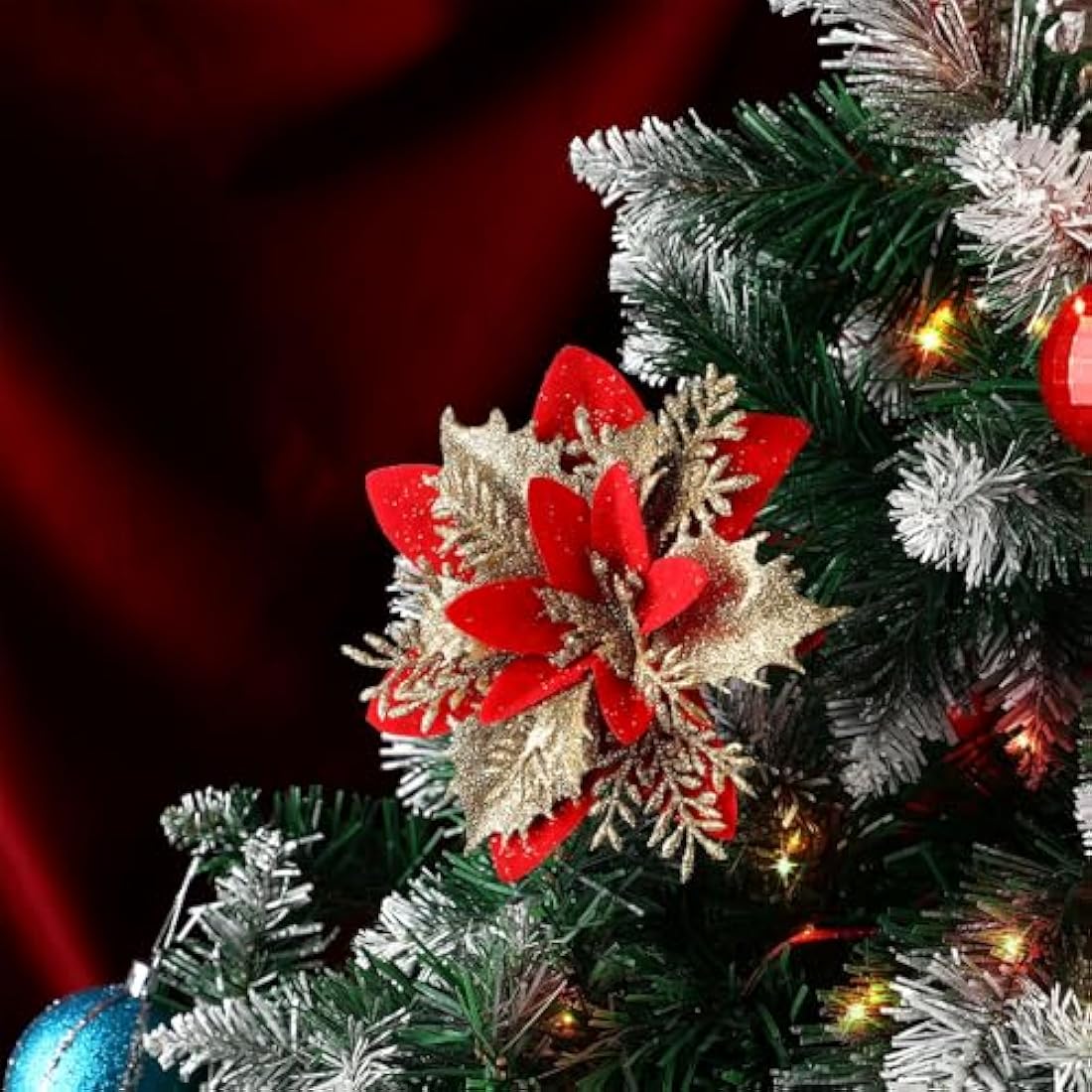 12pcs Glitter Poinsettia Christmas Tree Decorations Artificial Flowers Ornaments Stems Clips Xmas Tree Party Wreath Holiday Decor