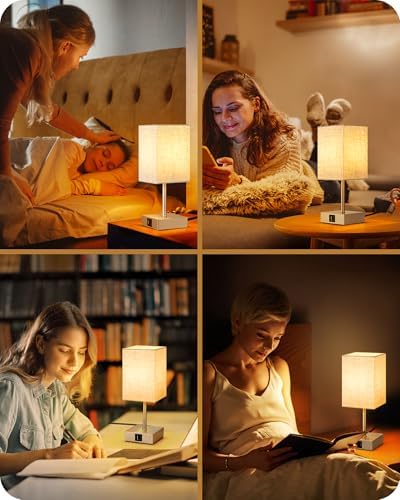 EDISHINE Bedside Lamps Set of 2, 3 Way Dimmable Table Lamps with USB A+C Charging Ports, LED Bulb Included, Touch Lamps for Bedroom, Living Room, Beige Linen Lampshade, 2700K