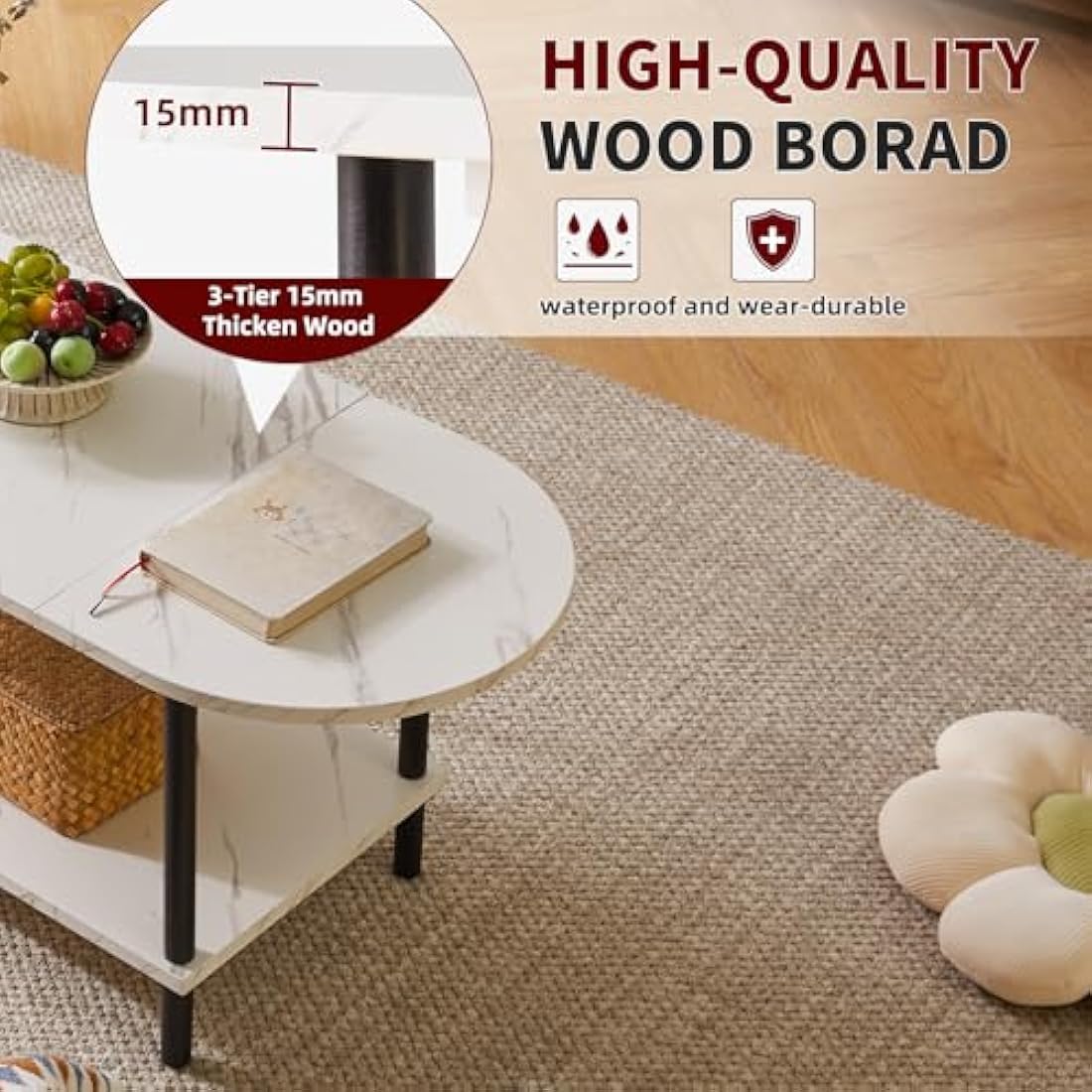 Aibiju Coffee Table, Small Living Room Table, Sofa Table with Wooden Legs and 2 Tier Storage for Living Room Home Office, 35x16x17inch White Faux Marble + Black, YD-011M