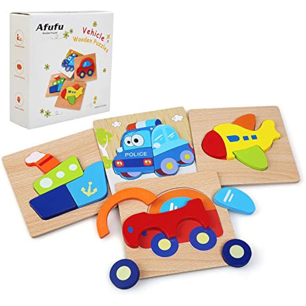 Afufu Wooden Toys - 4 Pack Jigsaw Puzzles for Toddlers 1 2 3 Years Old, Boys & Girls Educational Toys Gift with 4 Vehicle Patterns, Bright Vibrant Color Shapes
