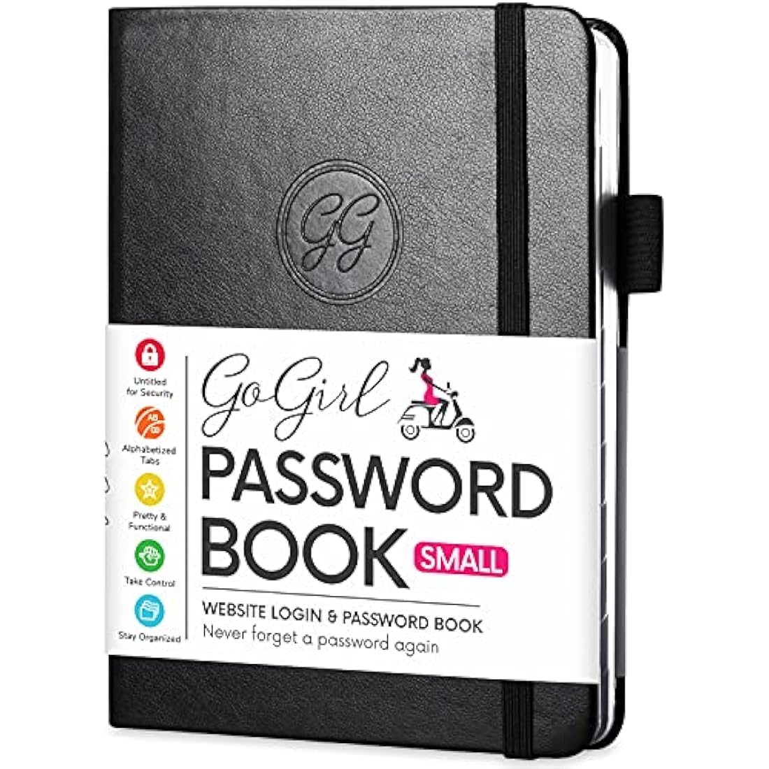 GoGirl Password Book with Alphabetical tabs – Internet Address & Password Keeper Logbook for Password Organization, Journal Notebook for Saving Website Logins. Small Size 11 x 14.5cm - Black