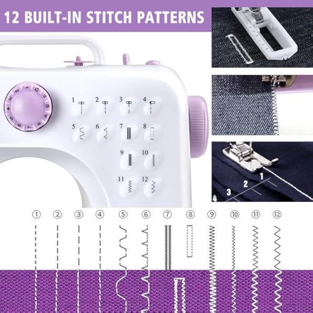 M MUNCASO Sewing Machine for Beginners,12 Stitch Electronic Sewing Machines,Mini Sewing Machine Double-line Two-speed Reverse Stitch with UK Plug