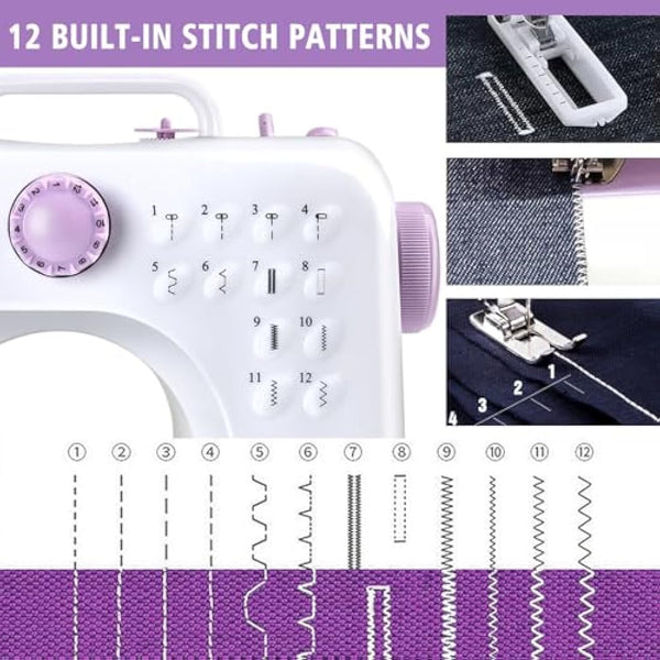 M MUNCASO Sewing Machine for Beginners,12 Stitch Electronic Sewing Machines,Mini Sewing Machine Double-line Two-speed Reverse Stitch with UK Plug