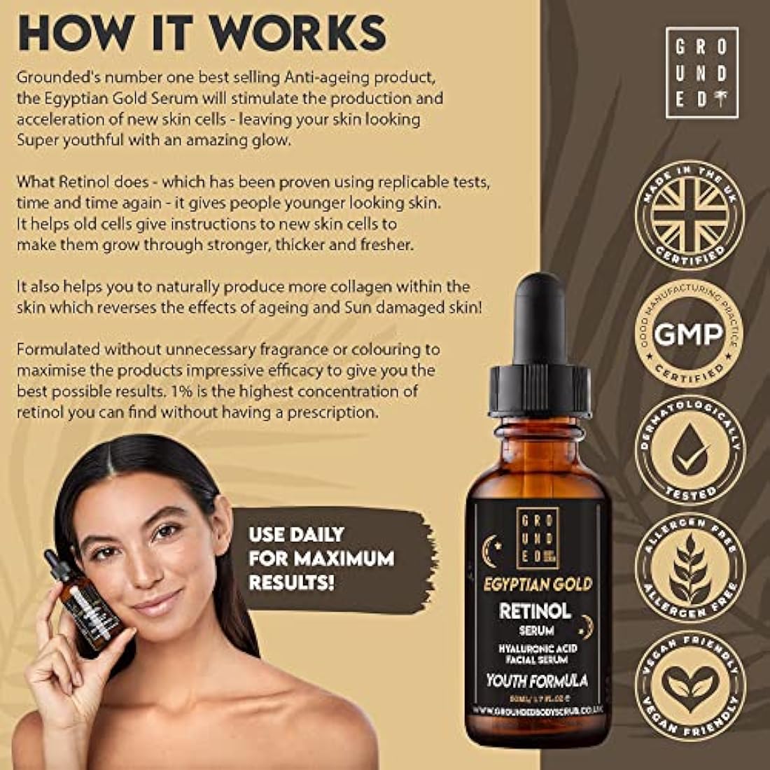 Egyptian Gold Anti Ageing (1%) Retinol Face Serum with Hyaluronic Acid, Vitamin C, Aloe Vera, Vitamin E & Jojoba Seed Oil. High Strength Skin Rejuvenating Formula Suitable for Men & Women - 50ml, UK
