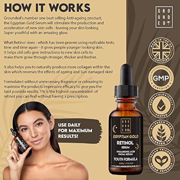 Egyptian Gold Anti Ageing (1%) Retinol Face Serum with Hyaluronic Acid, Vitamin C, Aloe Vera, Vitamin E & Jojoba Seed Oil. High Strength Skin Rejuvenating Formula Suitable for Men & Women - 50ml, UK