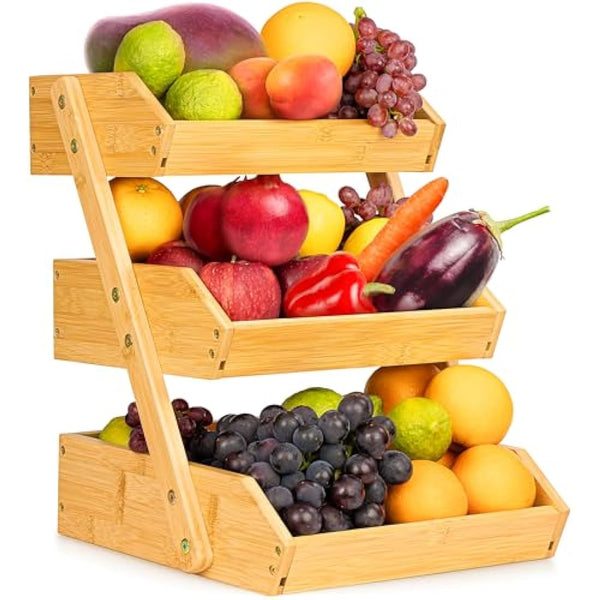 Golden Nature - Fruit Basket - 3-Tier Bamboo Fruit & Vegetable Storage Organiser for Kitchen Counter - Lightweight & Easy Assembly Countertop Fruit Stand Holder Bowl w/Included Screws
