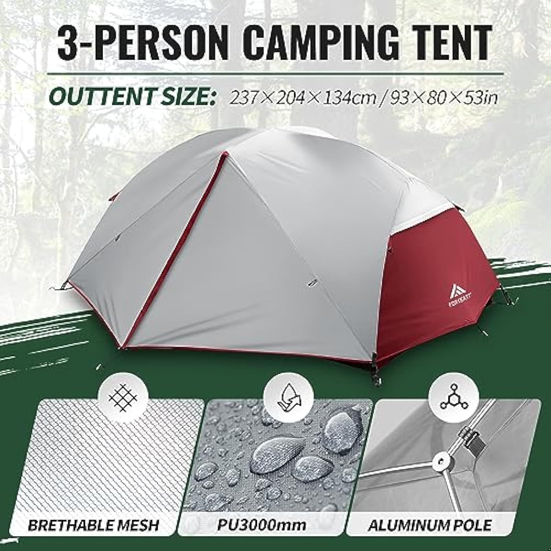 Forceatt Camping Tent,2-3 Man Tent for Outdoor PU3000mm Waterproof Tent Lightweight & Portable easy set up for Hiking Backping Eurohike