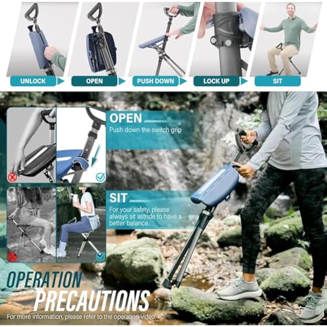 Ta-Da Chair Series 2 PRO - Walking Stick with Seat, Lightweight Aluminium Pole Frame & Sturdy Foldable Stool (up to 136kg), Easy Folding Design, Ideal for Hiking & Outdoors - Adjustable