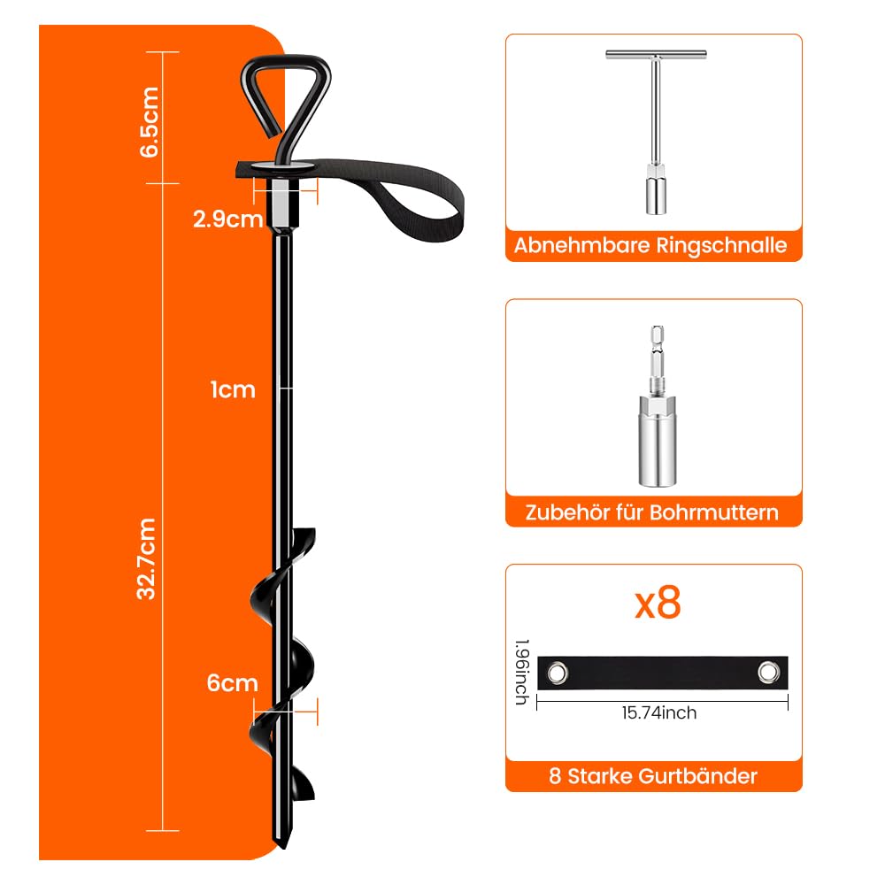 Trampoline Stakes Ground Anchors Screw in Tent Stakes Heavy Duty for High Winds, Trampoline Anchors with Straps, Canopies, Carports, Sheds, Swing