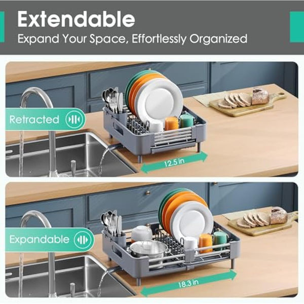 KINGRACK Extendable Dish Drainer Rack, Stainless Steel, Foldable Dish Rack with Removable Cutlery Holder and Anti-Scratch Holder, Adjustable Draining Board Rack with Drainage Spout, Gray