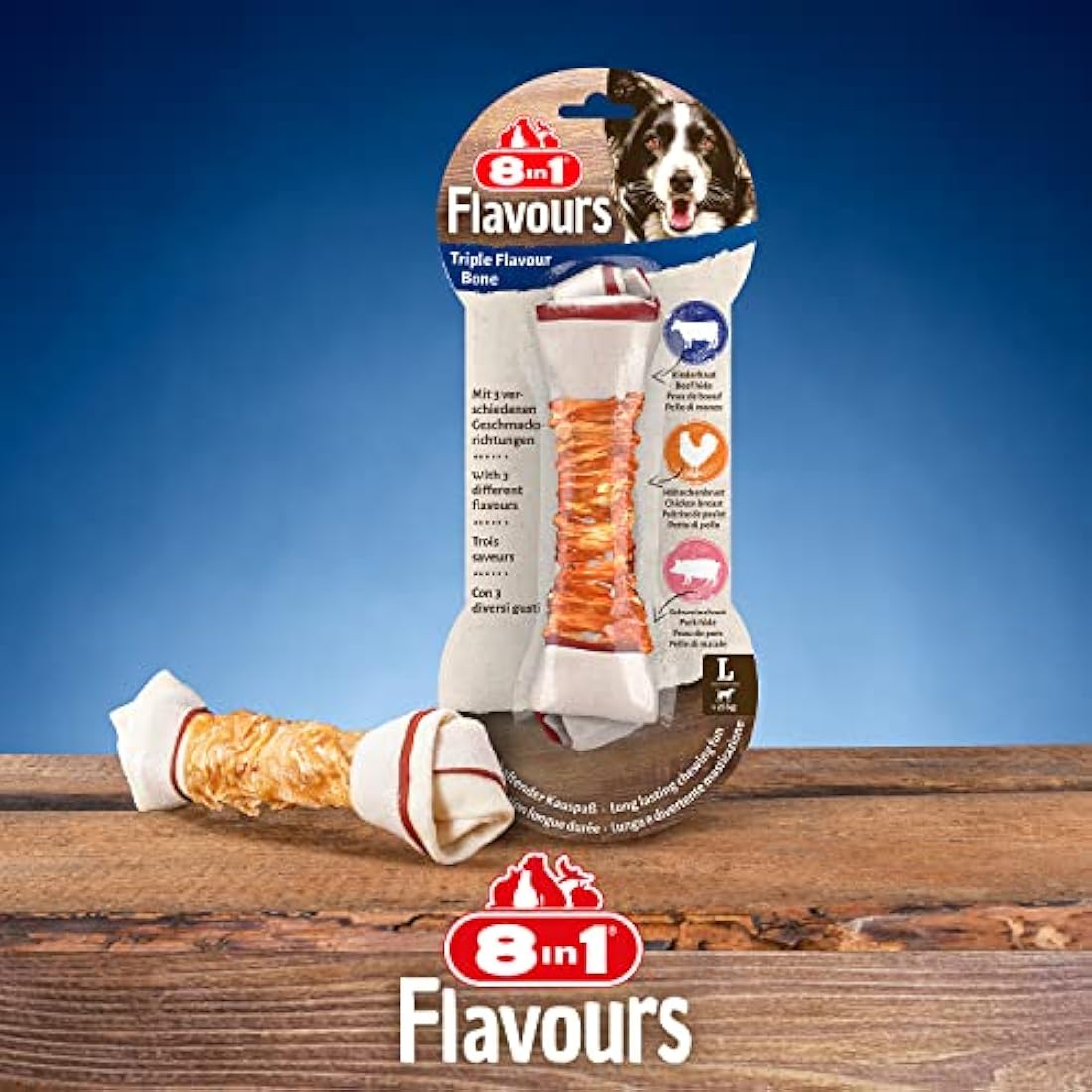 8in1 Triple Flavour Bone L - chewy dog bone with chicken fillet, pork hide and beef hide, 1 pc.