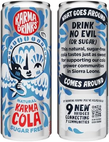 Karma Drinks Sugar Free Karma Cola (250ml x 24 Cans Soft Drink) - Gluten Free Soft Drinks, Natural Ingredients, FairTrade, Vegan Friendly, No GMO, Carbonated Fizzy Drinks 24 Pack