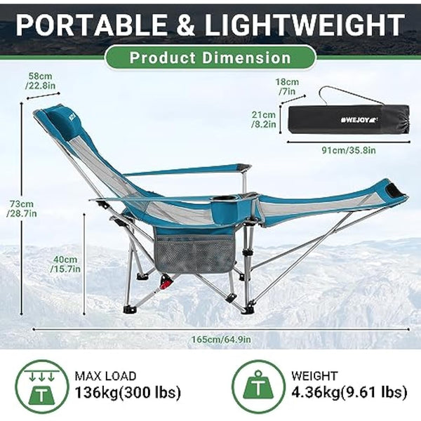 #WEJOY Camping Chairs Folding Recliner Chair Adjustable with Detachable Footrest Headrest Cup Holder Lightweight Portable Reclining Camp Chair Fold Up Chair for Outdoor Beach Garden, Cyan Set of 2