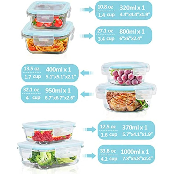 ROSOS Glass Food Storage Containers with Airtight Lids, 6 Pack Super Leak Proof Glass Containers with Lids, Not Easy Broken & BPA Free, Glass Food Containers with Lids for Freezer to Oven Safe, Blue