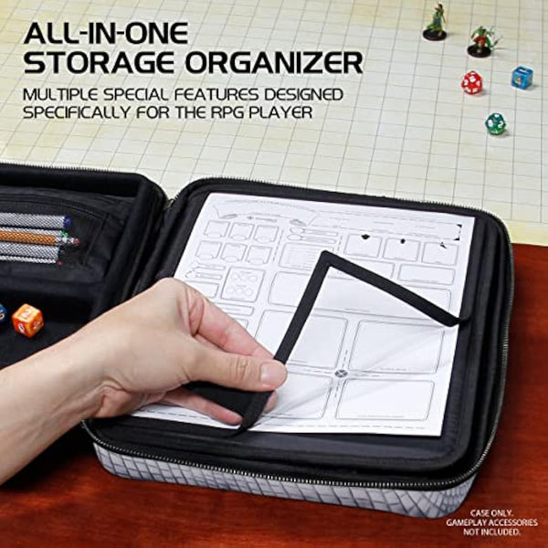 ENHANCE Collector's Edition RPG Organizer Case - DnD Binder with Built-in Character Sheet Holder and Erasable Scribe Panel, Dice Rolling Area, Removable Pen Pouch, Miniature Foam Tray (Dragon Silver)