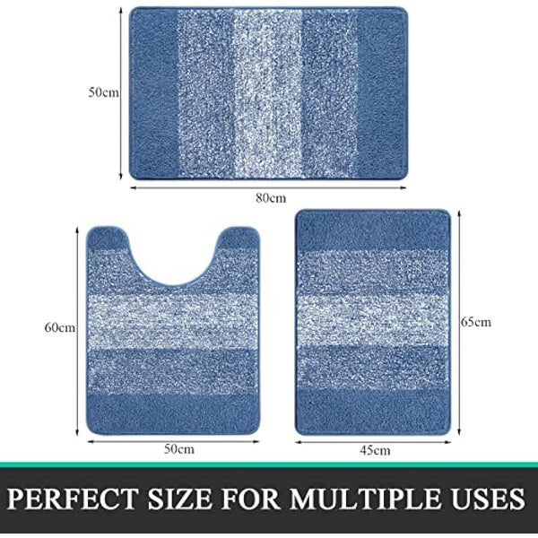 Enyhom Microfiber 3 Piece Bath Mat Sets Non Slip Bath Rugs and Pedestal Mats for Bathroom Washable Absorbent Bathroom Floor Carpet Rug Toilet Rug, Blue