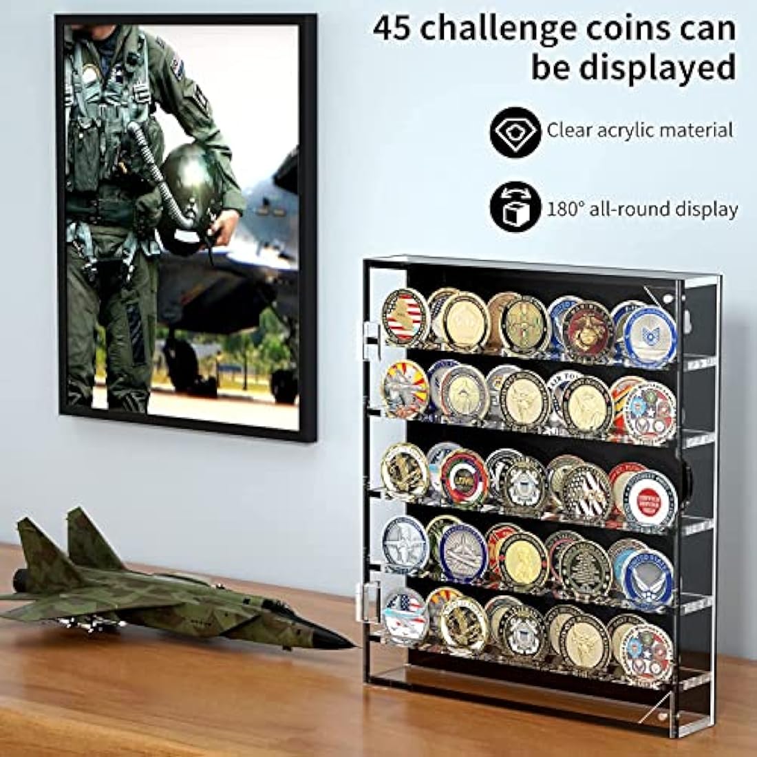 Challenge Coin Wall Display Case, Acrylic Military Challenge Coin Holder with Removable Shelves and Magnetic Door,Coin Box fits 45 Military Medals Poker Chip