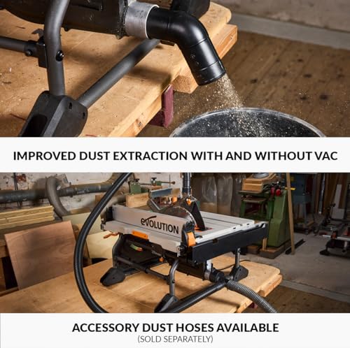 Evolution Power Tools R255TBLX+ Table Saw With Stand (Next Gen Rage 5-S) Multi-Material Cutting Blade Included Cuts Wood Metal Plastic, 45˚ Bevel, +/- 60˚ Mitre Angle, 85mm Cut Depth, 1800w Motor 240v